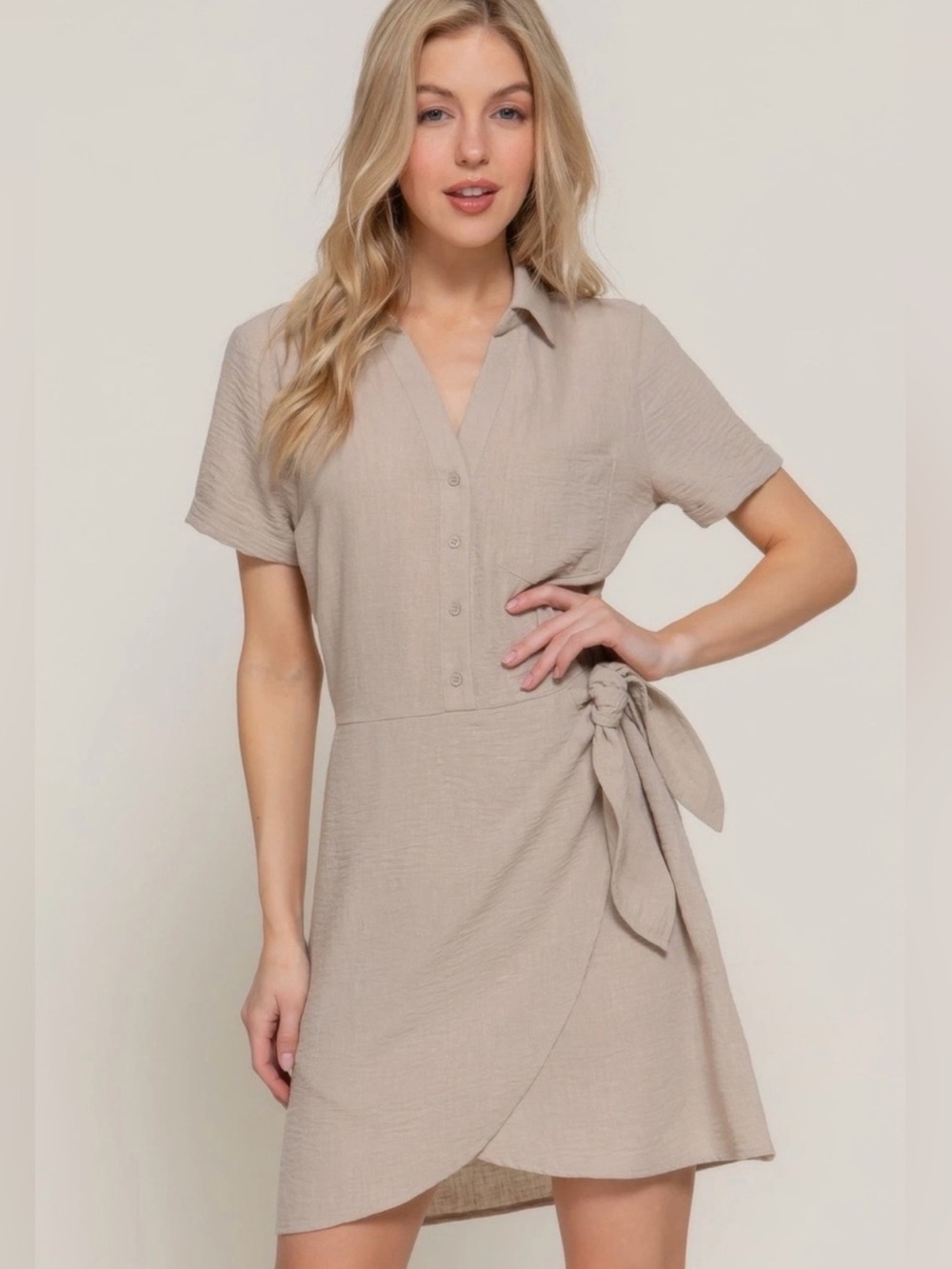 Active USA Short Sleeve Wrap Tie Dress in Taupe Beige